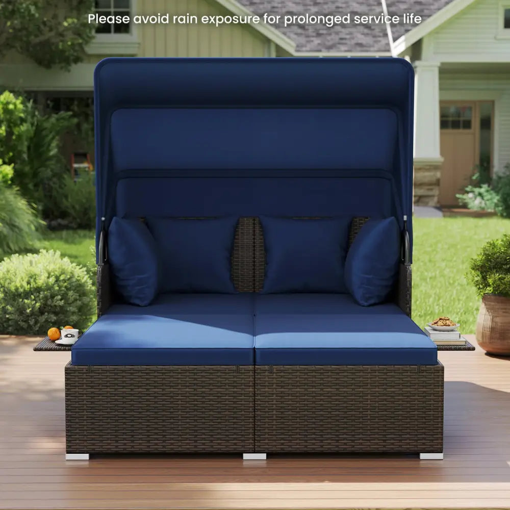 Outdoor Patio Rattan Daybed with Retractable Canopy and Side Tables-Navy - Navy - Outdoor Sectionals