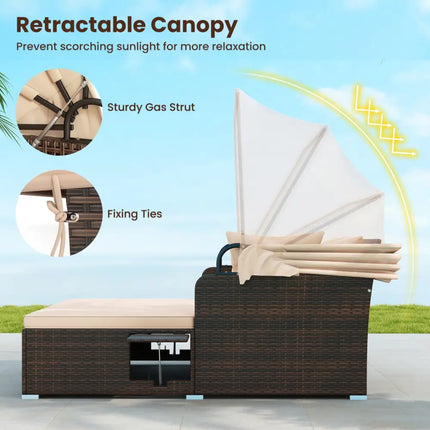Outdoor Patio Rattan Daybed with Retractable Canopy and Side Tables-Beige - Beige - Outdoor Sectionals