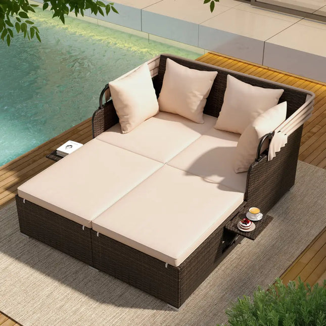 Outdoor Patio Rattan Daybed with Retractable Canopy and Side Tables-Beige - Beige - Outdoor Sectionals
