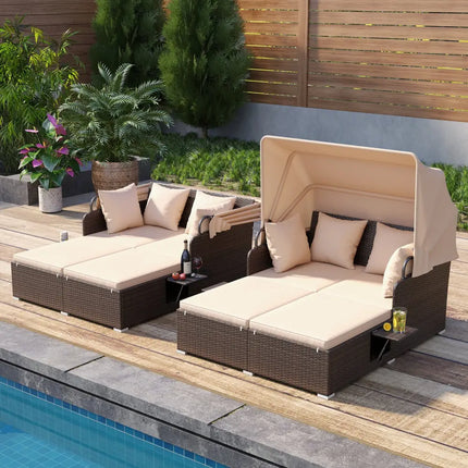 Outdoor Patio Rattan Daybed with Retractable Canopy and Side Tables-Beige - Beige - Outdoor Sectionals