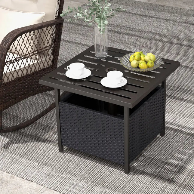 Outdoor Patio Rattan Wicker Steel Side Deck Table-Black - Black - Patio Coffee Tables