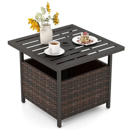 Outdoor Patio Rattan Wicker Steel Side Deck Table-Brown - Brown - Patio Coffee Tables