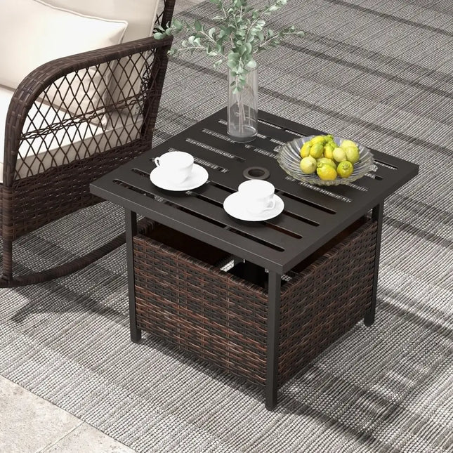 Outdoor Patio Rattan Wicker Steel Side Deck Table-Brown - Brown - Patio Coffee Tables