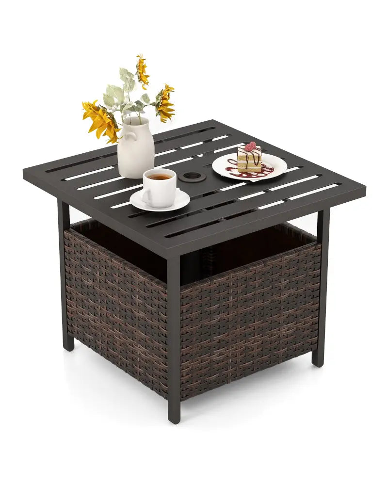 Outdoor Patio Rattan Wicker Steel Side Deck Table-Brown - Brown - Patio Coffee Tables