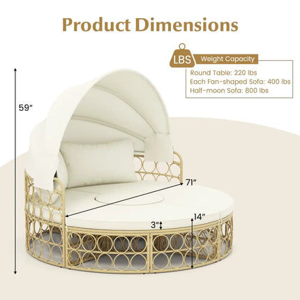 Outdoor Patio Round Daybed with Retractable Canopy and Soft Cushions-White - White - Outdoor Sectionals