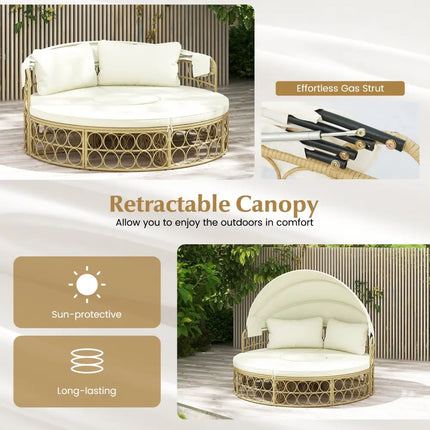 Outdoor Patio Round Daybed with Retractable Canopy and Soft Cushions-White - White - Outdoor Sectionals