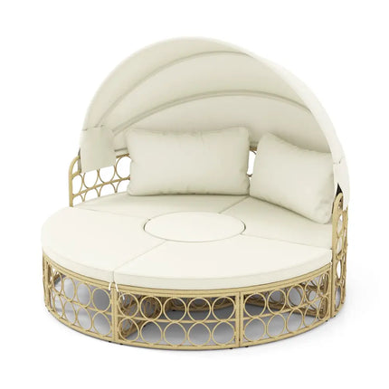 Outdoor Patio Round Daybed with Retractable Canopy and Soft Cushions-White - White - Outdoor Sectionals