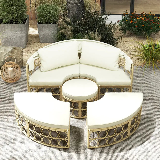 Outdoor Patio Round Daybed with Retractable Canopy and Soft Cushions-White - White - Outdoor Sectionals
