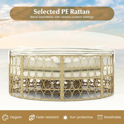 Outdoor Patio Round Daybed with Retractable Canopy and Soft Cushions-White - White - Outdoor Sectionals