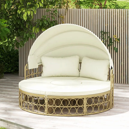 Outdoor Patio Round Daybed with Retractable Canopy and Soft Cushions-White - White - Outdoor Sectionals