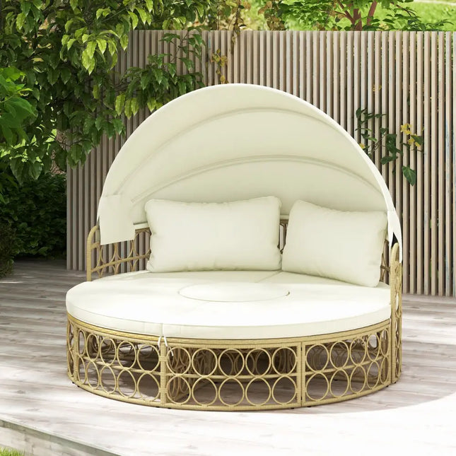 Outdoor Patio Round Daybed with Retractable Canopy and Soft Cushions-White - White - Outdoor Sectionals
