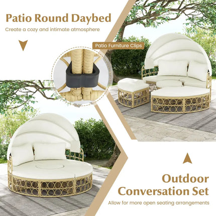 Outdoor Patio Round Daybed with Retractable Canopy and Soft Cushions-White - White - Outdoor Sectionals