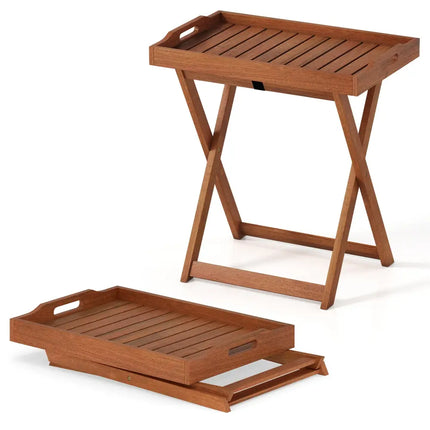 Outdoor Patio Solid Wood Tray Table with Removable Top No Assembly Required - Natural - Patio Coffee Tables