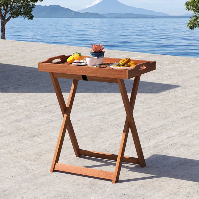 Outdoor Patio Solid Wood Tray Table with Removable Top No Assembly Required - Natural - Patio Coffee Tables
