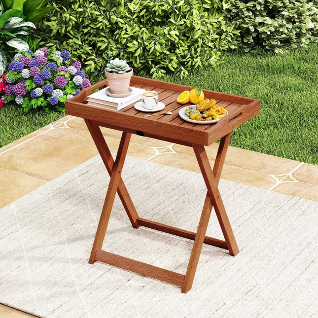 Outdoor Patio Solid Wood Tray Table with Removable Top No Assembly Required - Natural - Patio Coffee Tables