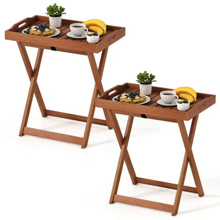 Outdoor Patio Solid Wood Tray Table with Removable Top No Assembly Required - Natural - Patio Coffee Tables