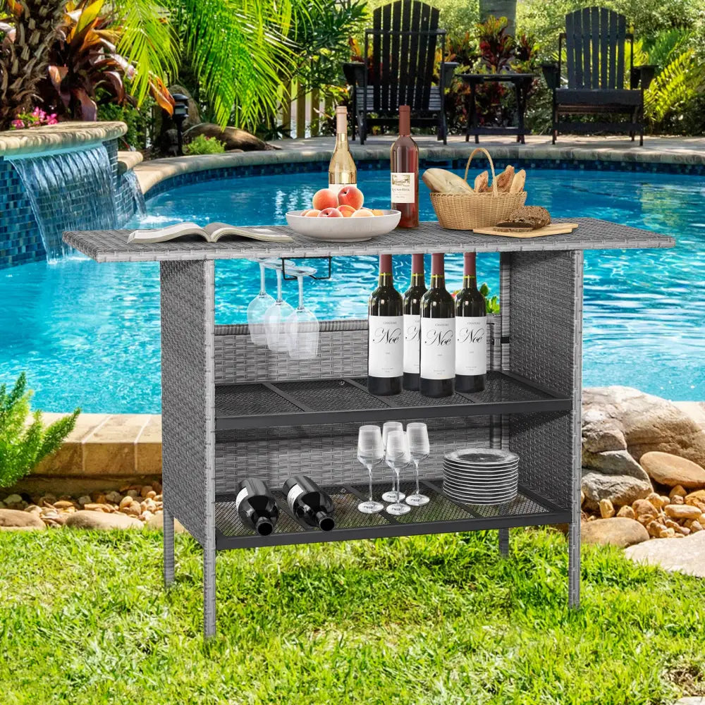 Outdoor Patio Wicker Bar Table with Metal Shelves - Gray - Patio Bar Furniture