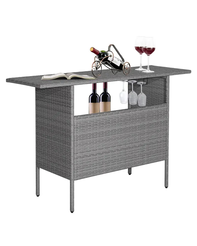 Outdoor Patio Wicker Bar Table with Metal Shelves - Gray - Patio Bar Furniture