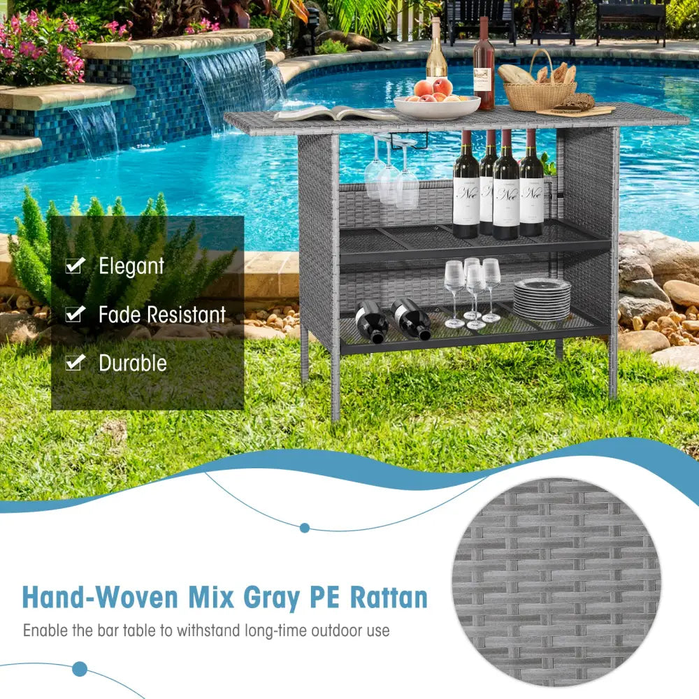 Outdoor Patio Wicker Bar Table with Metal Shelves - Gray - Patio Bar Furniture