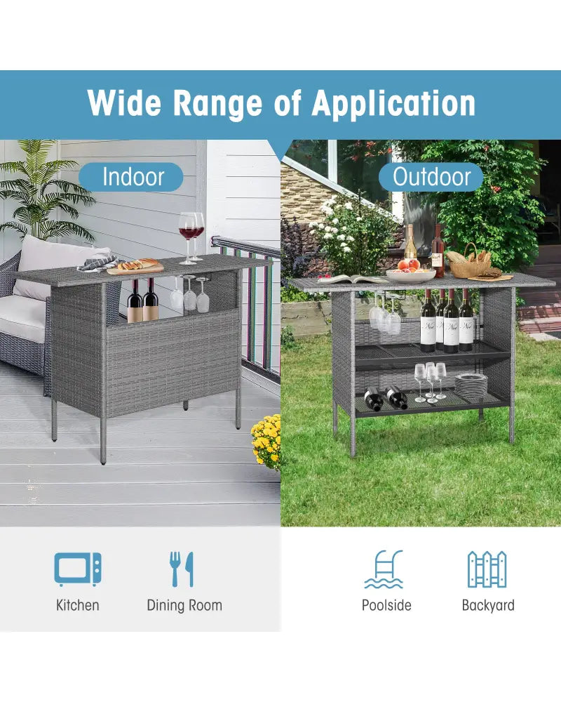 Outdoor Patio Wicker Bar Table with Metal Shelves - Gray - Patio Bar Furniture