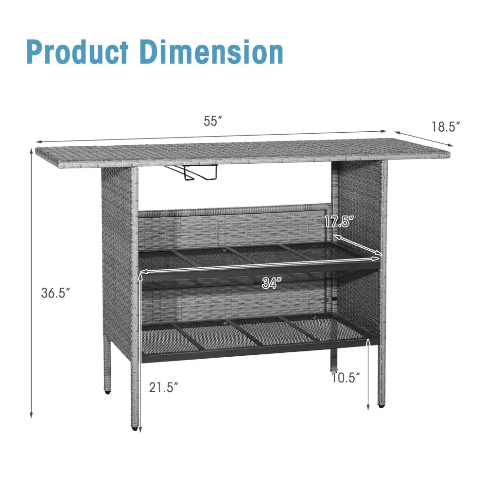 Outdoor Patio Wicker Bar Table with Metal Shelves - Gray - Patio Bar Furniture