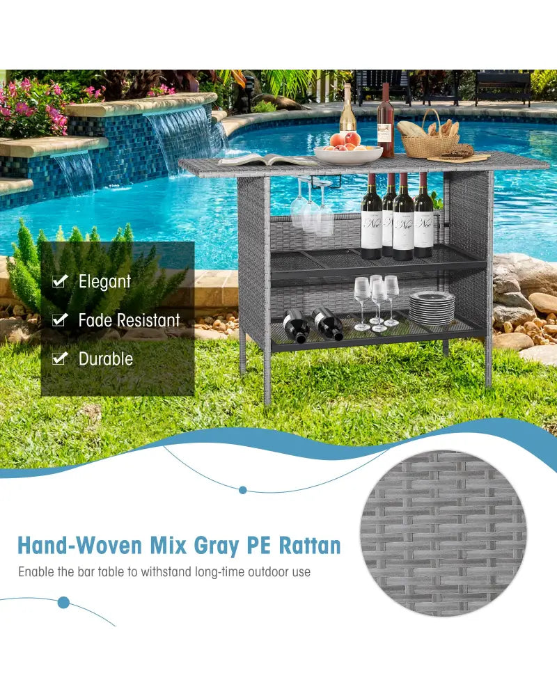 Outdoor Patio Wicker Bar Table with Metal Shelves - Gray - Patio Bar Furniture