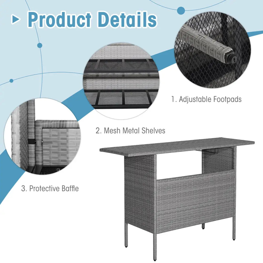 Outdoor Patio Wicker Bar Table with Metal Shelves - Gray - Patio Bar Furniture