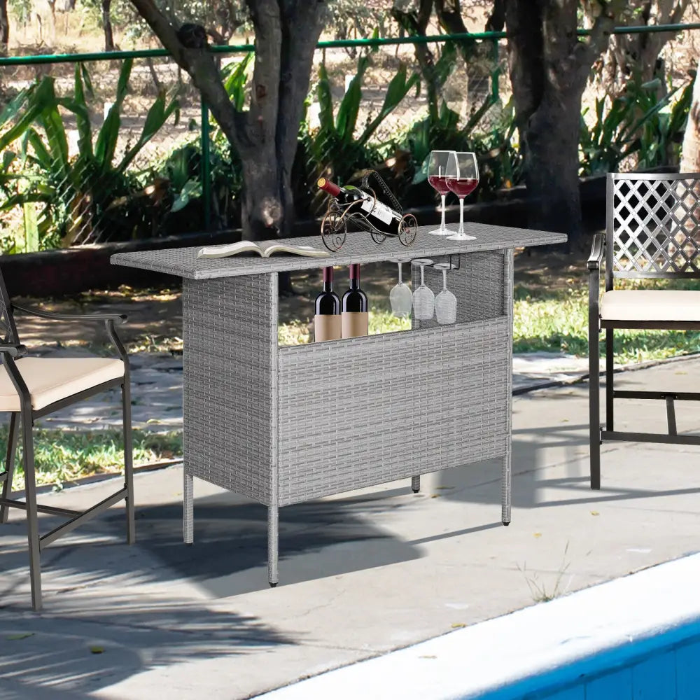 Outdoor Patio Wicker Bar Table with Metal Shelves - Gray - Patio Bar Furniture