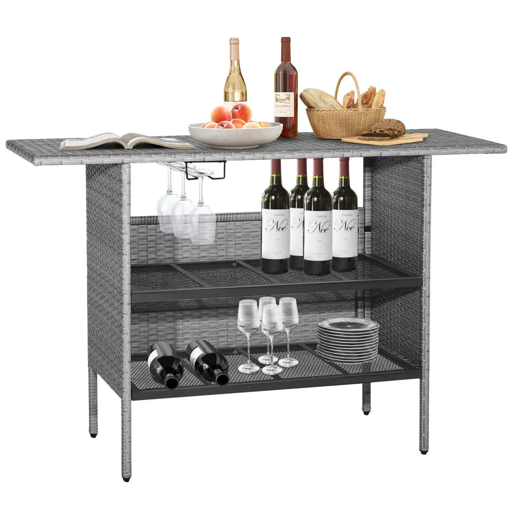 Outdoor Patio Wicker Bar Table with Metal Shelves - Gray - Patio Bar Furniture