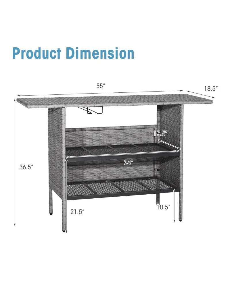 Outdoor Patio Wicker Bar Table with Metal Shelves - Gray - Patio Bar Furniture