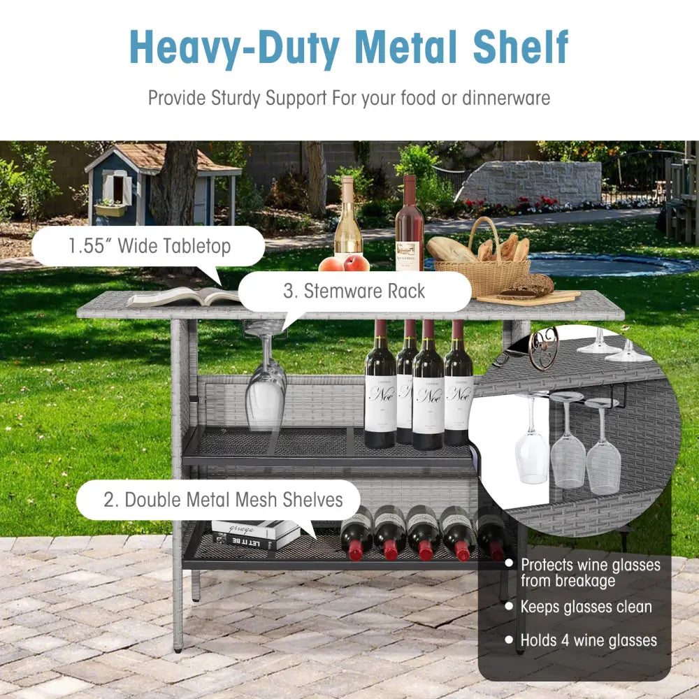 Outdoor Patio Wicker Bar Table with Metal Shelves - Gray - Patio Bar Furniture