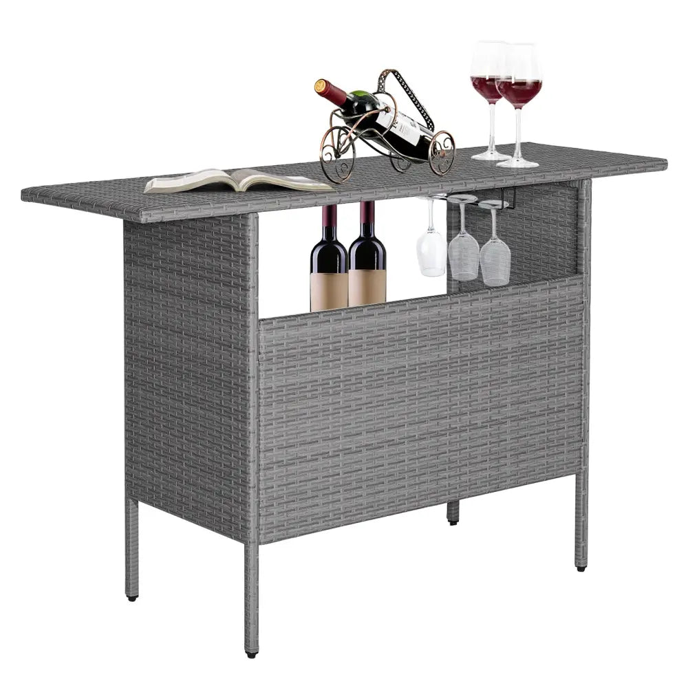 Outdoor Patio Wicker Bar Table with Metal Shelves - Gray - Patio Bar Furniture
