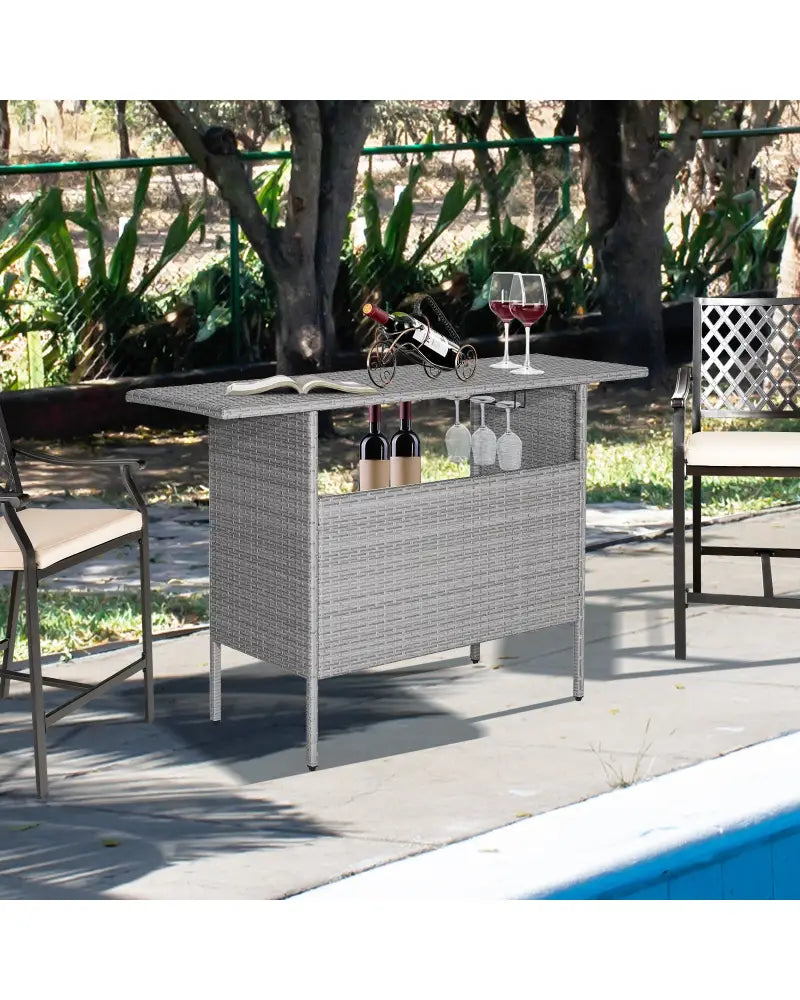 Outdoor Patio Wicker Bar Table with Metal Shelves - Gray - Patio Bar Furniture