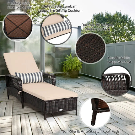 Outdoor Patio Wicker Chaise Lounge Chair with Adjustable Backrest and Pillow-Beige - Beige - Outdoor Chaise Lounges