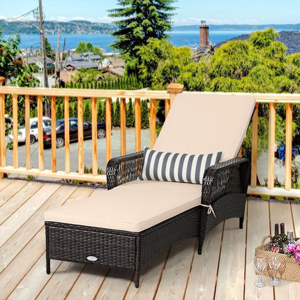 Outdoor Patio Wicker Chaise Lounge Chair with Adjustable Backrest and Pillow-Beige - Beige - Outdoor Chaise Lounges