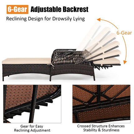 Outdoor Patio Wicker Chaise Lounge Chair with Adjustable Backrest and Pillow-Beige - Beige - Outdoor Chaise Lounges