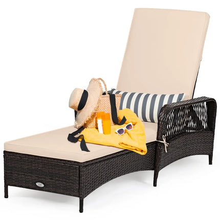 Outdoor Patio Wicker Chaise Lounge Chair with Adjustable Backrest and Pillow-Beige - Beige - Outdoor Chaise Lounges