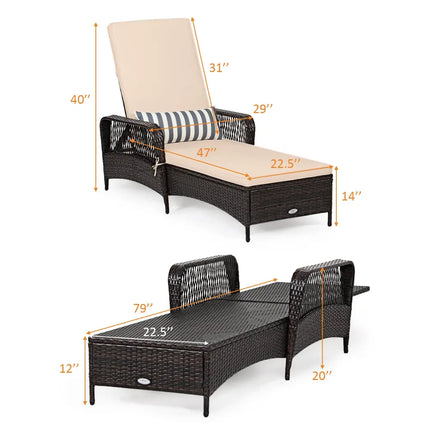 Outdoor Patio Wicker Chaise Lounge Chair with Adjustable Backrest and Pillow-Beige - Beige - Outdoor Chaise Lounges