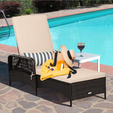 Outdoor Patio Wicker Chaise Lounge Chair with Adjustable Backrest and Pillow-Beige - Beige - Outdoor Chaise Lounges