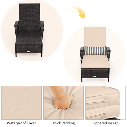 Outdoor Patio Wicker Chaise Lounge Chair with Adjustable Backrest and Pillow-Beige - Beige - Outdoor Chaise Lounges
