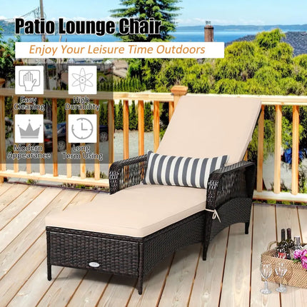 Outdoor Patio Wicker Chaise Lounge Chair with Adjustable Backrest and Pillow-Beige - Beige - Outdoor Chaise Lounges
