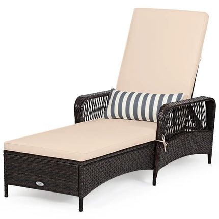 Outdoor Patio Wicker Chaise Lounge Chair with Adjustable Backrest and Pillow-Beige - Beige - Outdoor Chaise Lounges