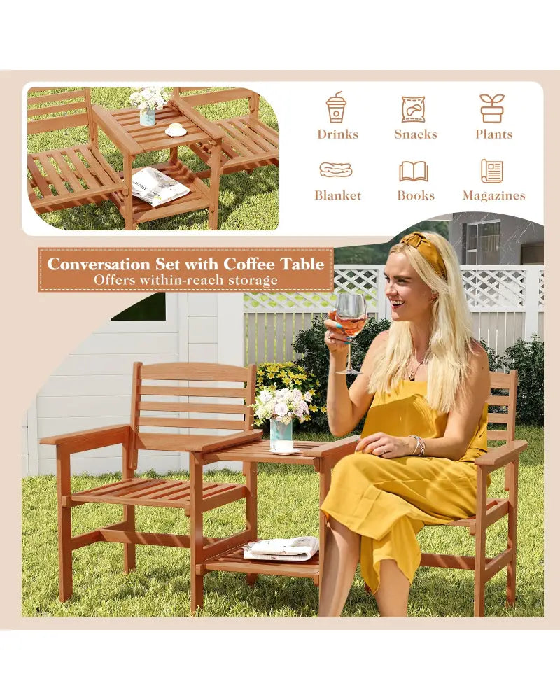 Outdoor Patio Wood 2-Seat Conversation Set with Coffee Table and Umbrella Hole - Natural - Patio Conversation Sets