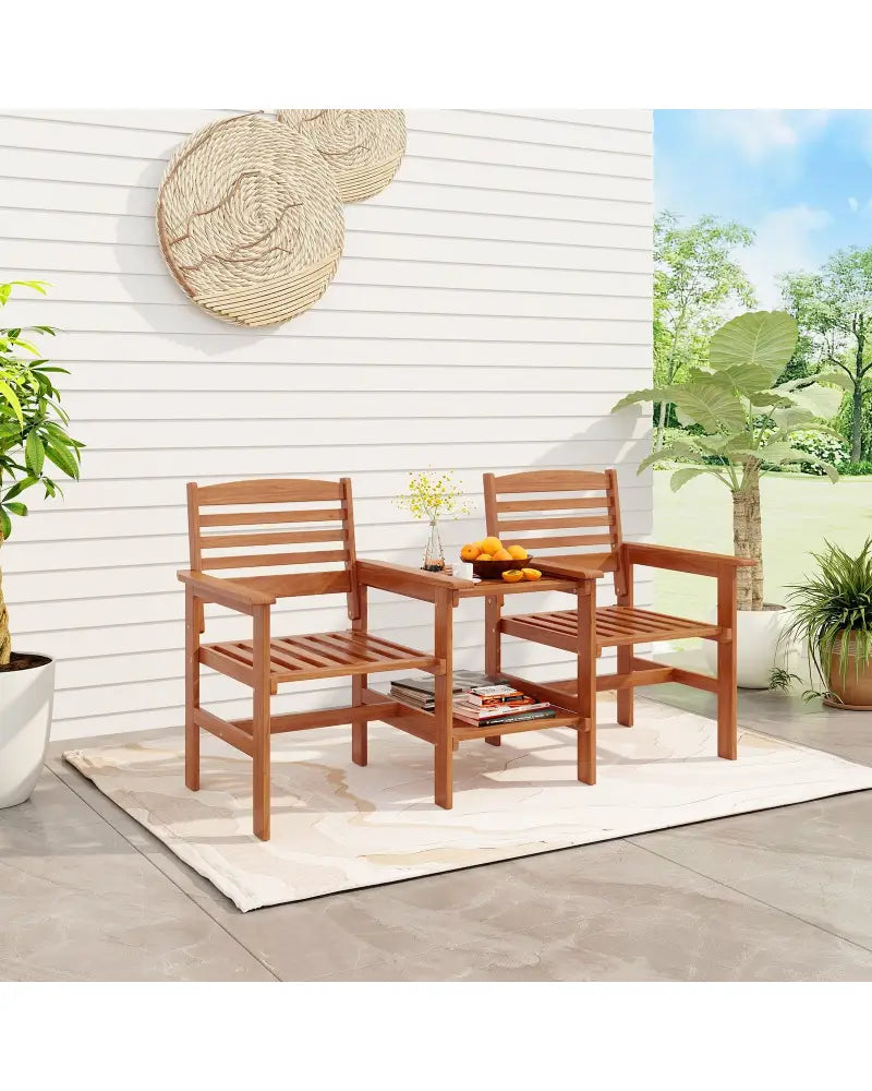 Outdoor Patio Wood 2-Seat Conversation Set with Coffee Table and Umbrella Hole - Natural - Patio Conversation Sets