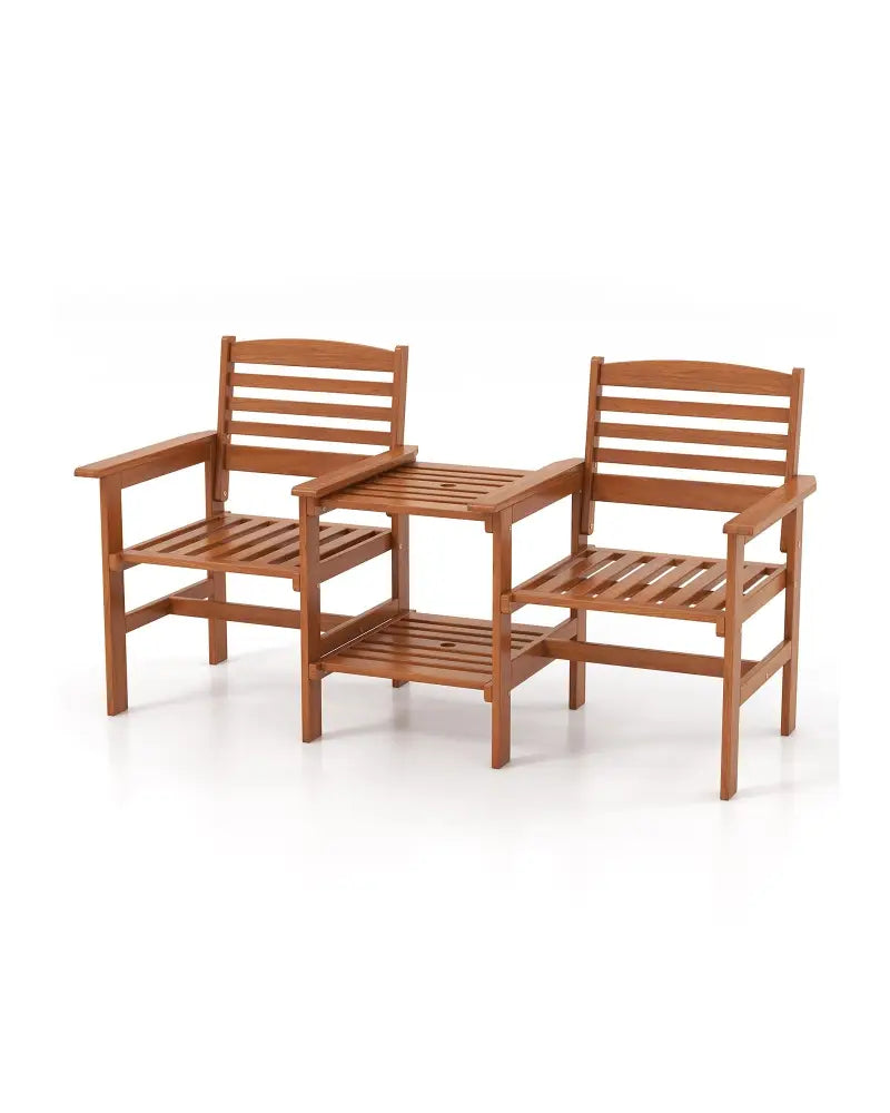 Outdoor Patio Wood 2-Seat Conversation Set with Coffee Table and Umbrella Hole - Natural - Patio Conversation Sets