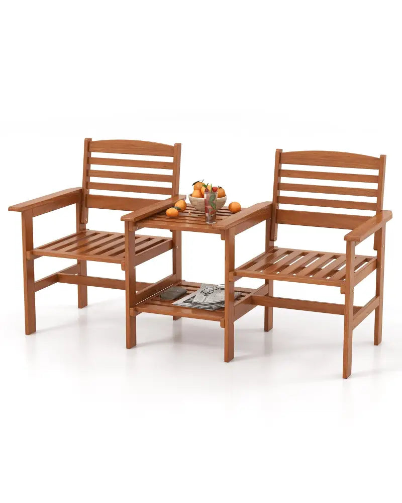 Outdoor Patio Wood 2-Seat Conversation Set with Coffee Table and Umbrella Hole - Natural - Patio Conversation Sets