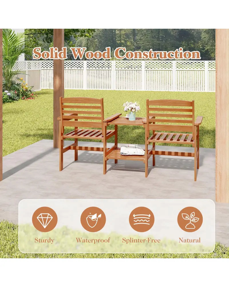 Outdoor Patio Wood 2-Seat Conversation Set with Coffee Table and Umbrella Hole - Natural - Patio Conversation Sets