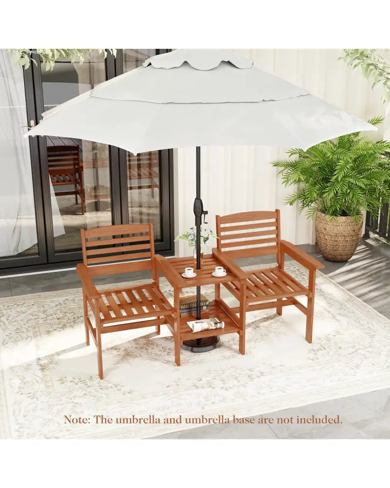 Outdoor Patio Wood 2-Seat Conversation Set with Coffee Table and Umbrella Hole - Natural - Patio Conversation Sets
