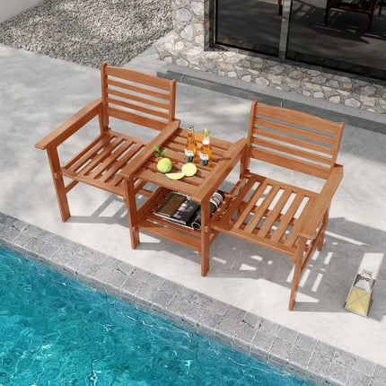 Outdoor Patio Wood 2-Seat Conversation Set with Coffee Table and Umbrella Hole - Natural - Patio Conversation Sets
