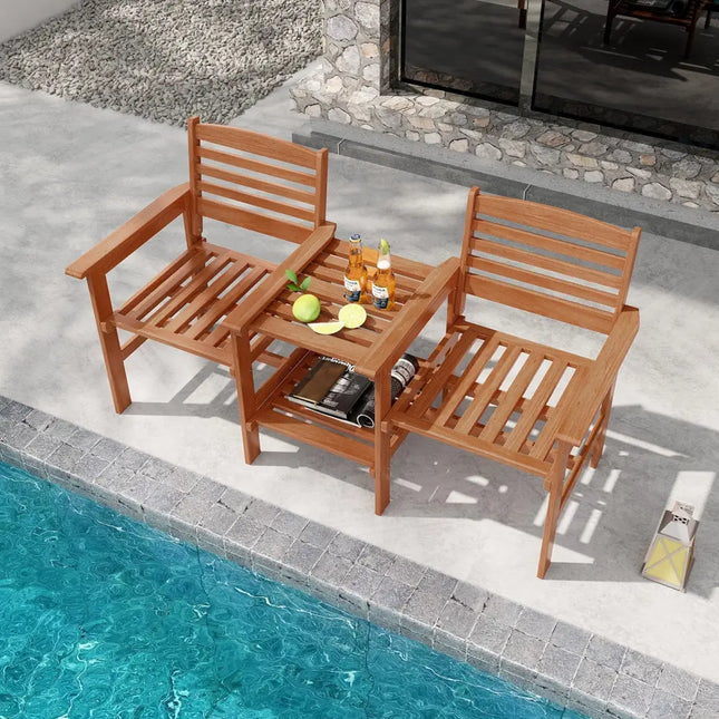 Outdoor Patio Wood 2-Seat Conversation Set with Coffee Table and Umbrella Hole - Natural - Patio Conversation Sets